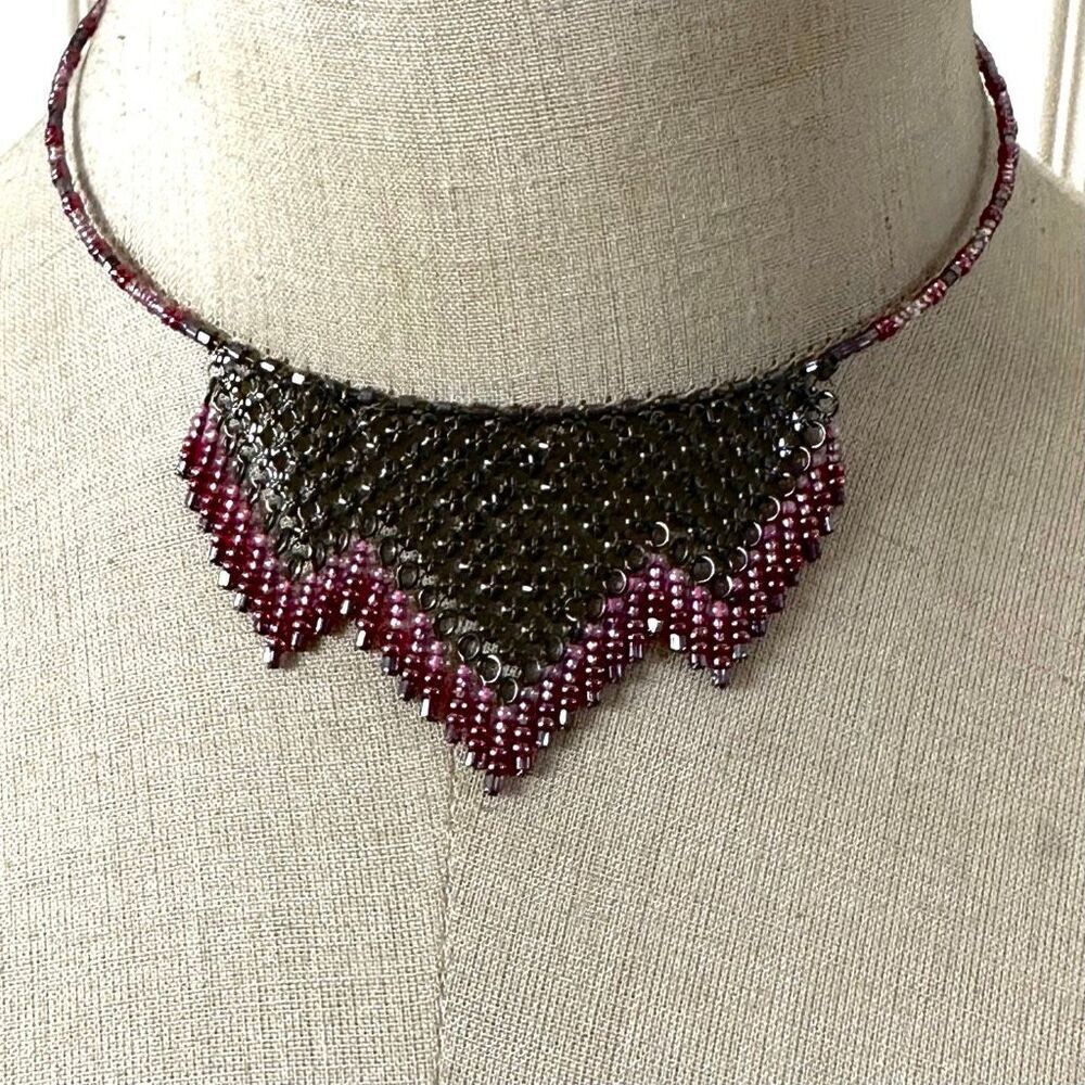 Guess Gunmetal Mesh & Beaded Choker Necklace | Pink Purple Seed Beads Statement